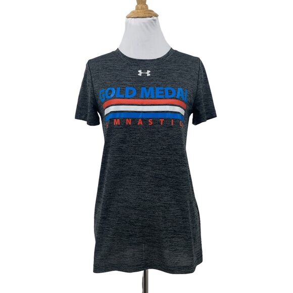 Under Armour Gold Medal Gymnastics T Shirt Womens XS Gray HeatGear UA Locker Tee - Picture 1 of 13
